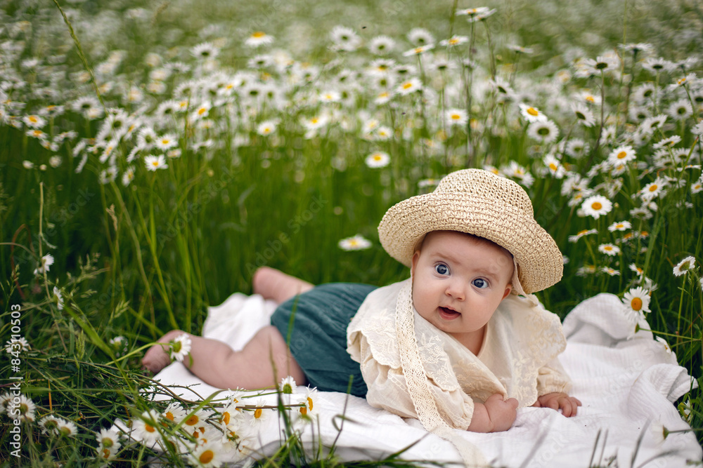 Fototapeta premium beautiful chubby little girl infant baby lying in a field with daisies in a hat on a summer afternoon in nature