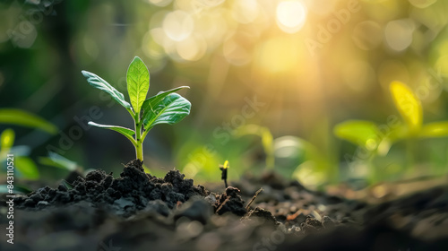 young plant sprouting from fertile soil with sunlight in natural environment