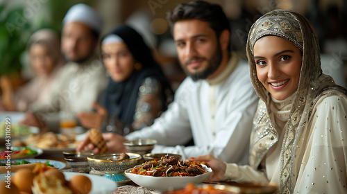 Ramadan dinner male and female Muslims breaking their fast