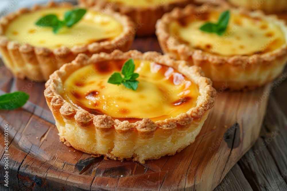 Mini Custard Tarts Exposed On A Wooden Board, Closeup, Confectionery, Bakery Dessert Advertising Concept Mini Custard Tarts Exposed On A Wooden Board, Closeup, Confectionery, Bakery Dessert Advertising Concept