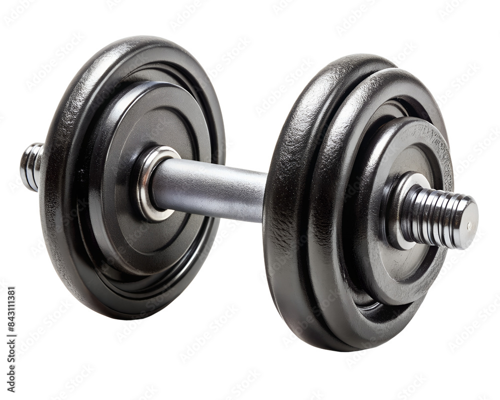 Black iron dumbbell side view on isolated PNG background. Black iron dumbbell side view on isolated PNG background.