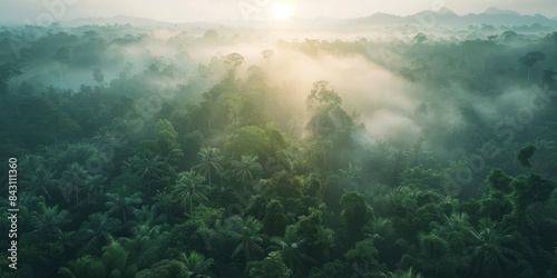 Aerial view of a dense tropical rainforest with a foggy background at sunrise.