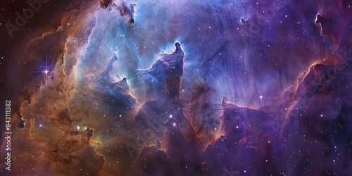 Amazing nebula in deep space, with purple, blue and teal colors.