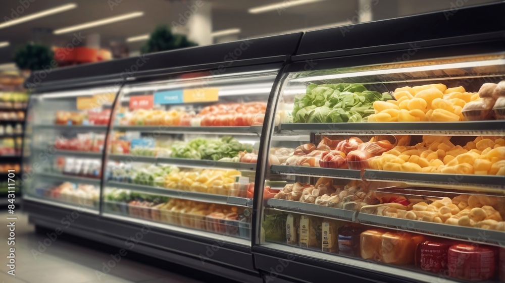 Rows of Fresh Food in a Chiller Cabinet in a Super Store with Blurred Background Rows of Fresh Food in a Chiller Cabinet in a Super Store with Blurred Background