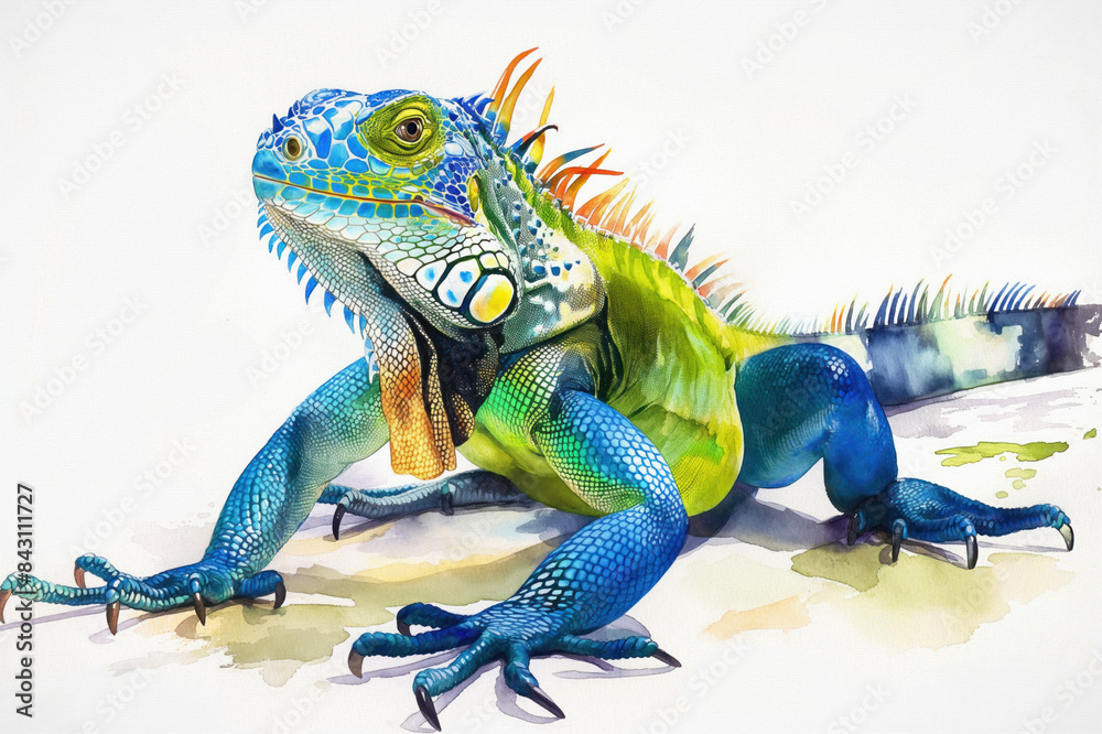 Fototapeta premium Iguana. Authentic watercolor style. Set against a clean white backdrop. Unique artistic portrayal of nature's wonder. Blend of abstract flair and lifelike details