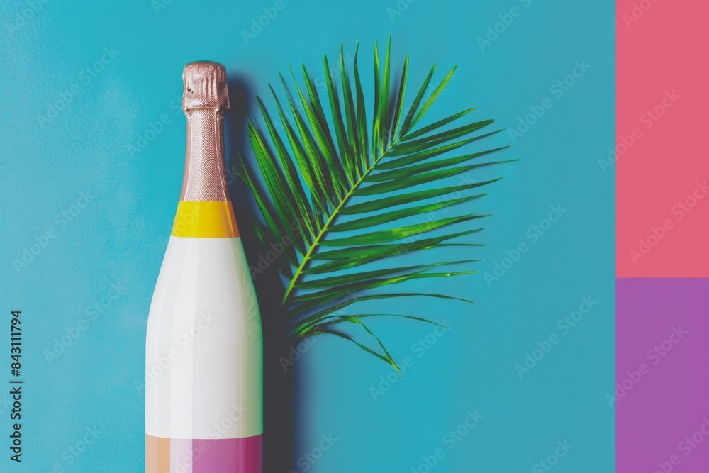 Top view white bottle of champagne with palm tree leaves on blue background. Summer vacation and party concept. Minimalism style. Top view white bottle of champagne with palm tree leaves on blue background. Summer vacation and party concept. Minimalism style.