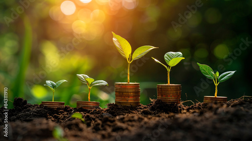 Growth and investment symbolized by plants sprouting from stacked coins in soil