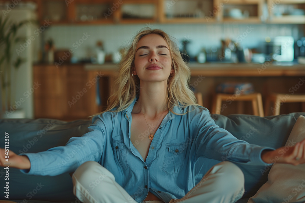 Woman Meditating On Couch In Living Room Woman Meditating On Couch In Living Room