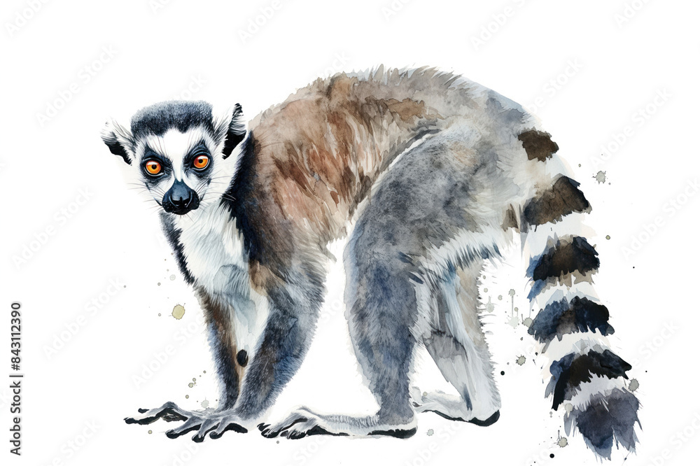 Obraz premium Lemur. Captivating watercolor rendition. Presented on pure white canvas. Artistic interpretation of fascinating wildlife. Fusion of abstract and realistic elements