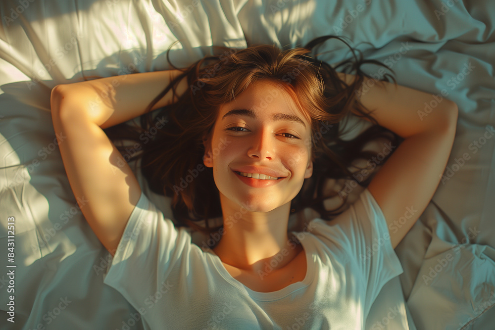 Fototapeta premium Young Woman Lying On White Bedding Smiling at Camera
