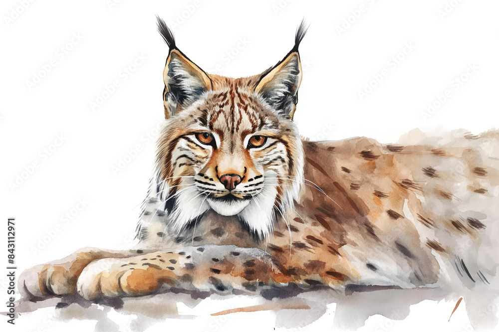 Lynx. Authentic watercolor style. Set against a clean white backdrop. Unique artistic portrayal of nature's wonder. Blend of abstract flair and lifelike details Lynx. Authentic watercolor style. Set against a clean white backdrop. Unique artistic portrayal of nature's wonder. Blend of abstract flair and lifelike details