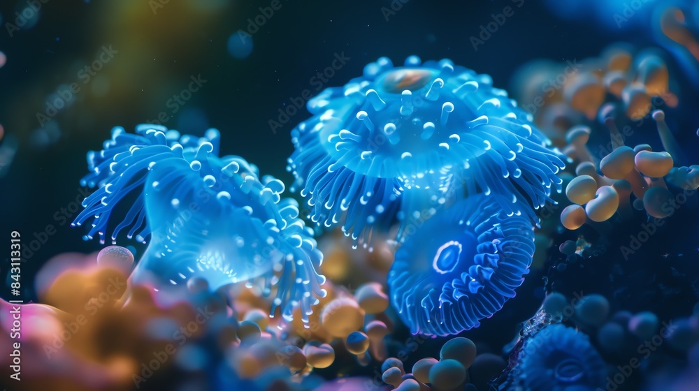 Glowing blue jellyfish with white spots. Glowing blue jellyfish with white spots.