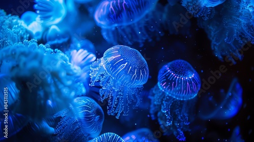 Glowing jellyfish in the dark ocean waters. Bioluminescent jellyfish illuminate the deep sea with their otherworldly beauty. photo