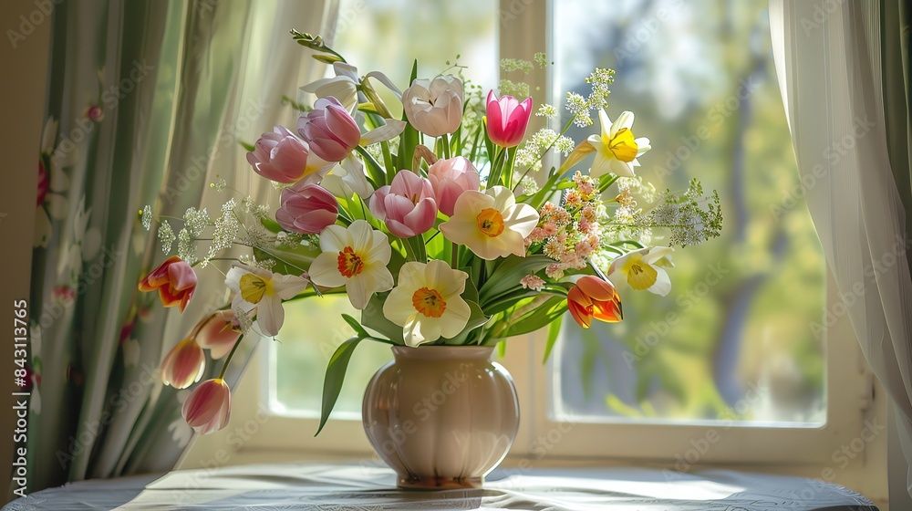 A beautiful bouquet of spring flowers in a vase on a table near the window. The flowers are of various colors, including pink, yellow, and white. A beautiful bouquet of spring flowers in a vase on a table near the window. The flowers are of various colors, including pink, yellow, and white.