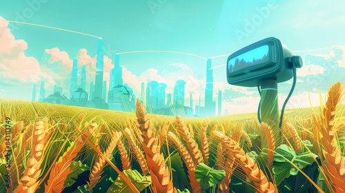 Farmers using virtual reality technology to train on sustainable and climate-smart agricultural practices in a futuristic. photo