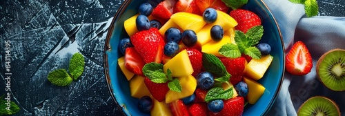 Refreshing and Healthy Vibrant Fruit Salad Featuring Strawberries,Mangoes,Blueberries,and Kiwi in a Blue Bowl under Natural Sunlight with Fresh Mint Leaves © Mickey