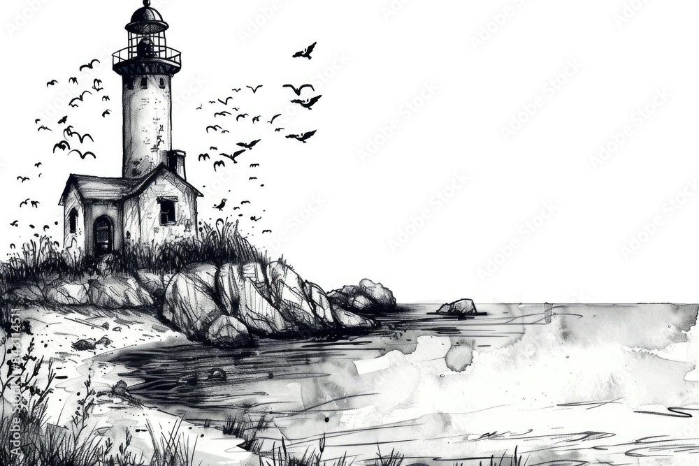Fototapeta premium A black and white illustration of a lighthouse surrounded by birds, suitable for use in illustrations, designs, or as a decorative element