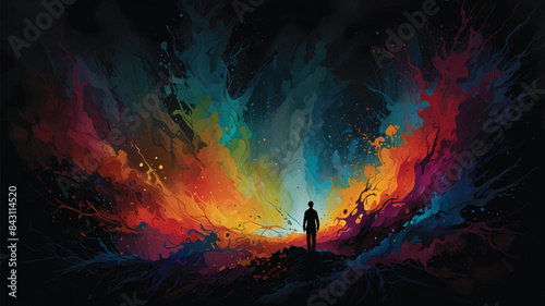 A Man Stands Amidst a Spectacular Explosion of Colors Abstract Vector Art