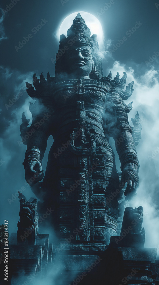 Fototapeta premium A towering ancient statue of an Eastern god, shrouded in mist, intricate carvings illuminated by soft moonlight.