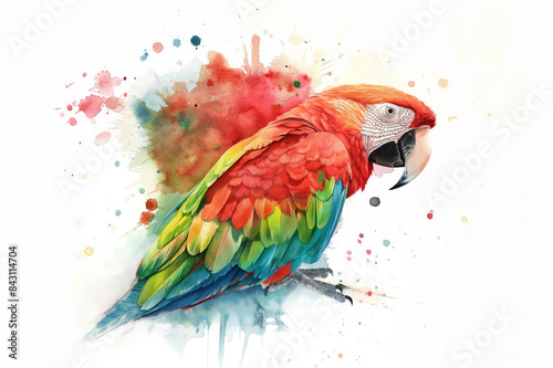 Arara Bird. Expressive watercolor portrayal. Showcased on a clean white surface. Artistic interpretation of tropical avian beauty. Harmonious blend of abstract strokes and naturalistic charm © ana