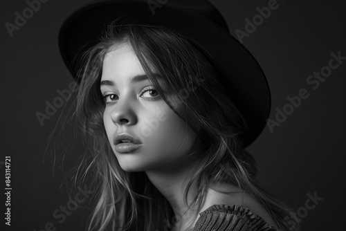 Portrait of a woman with long hair and a hat, suitable for use in editorial or commercial contexts