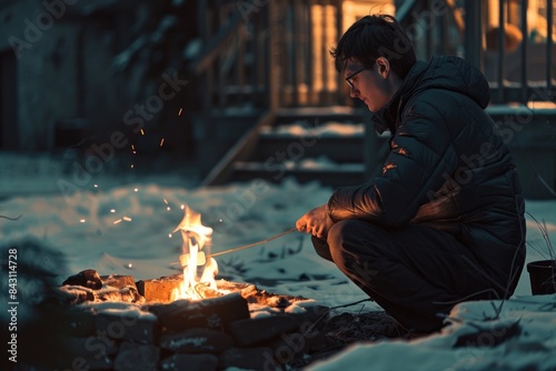 A person sits near a warm fire in a snowy environment  perfect for cold winter scenes or outdoor adventure settings