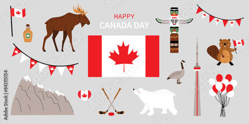 Canada Day vector set. Canadian flag, mountains, moose, beaver, maple leaf, Canada goose. Illustration in flat style. Objects on gray isolated background.