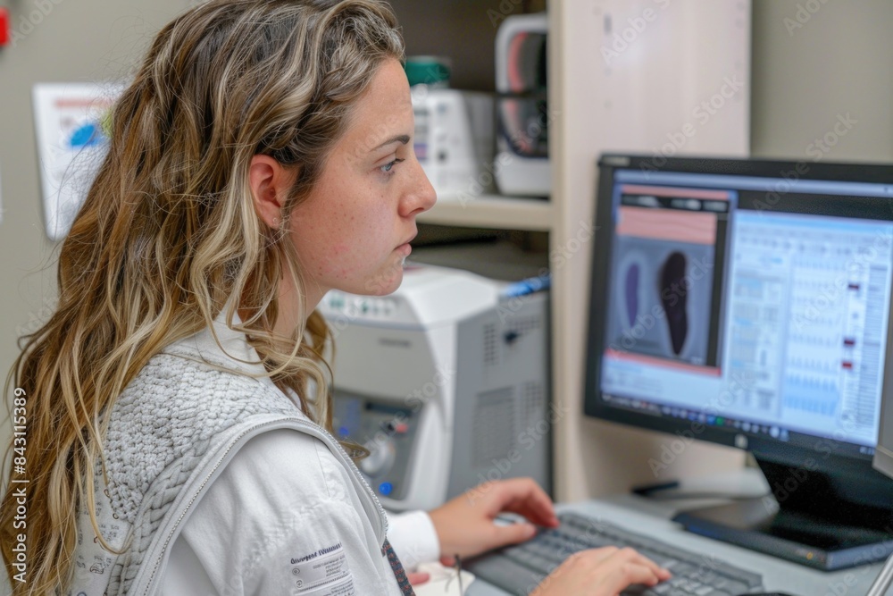 A woman sits in front of a computer on a desk, working or studying