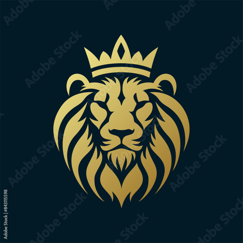 Lion logo. Lion king head with royal golden crown. Vector king of beasts stencil design for brand logotype, emblem and label, tattoo. Leo crest symbol