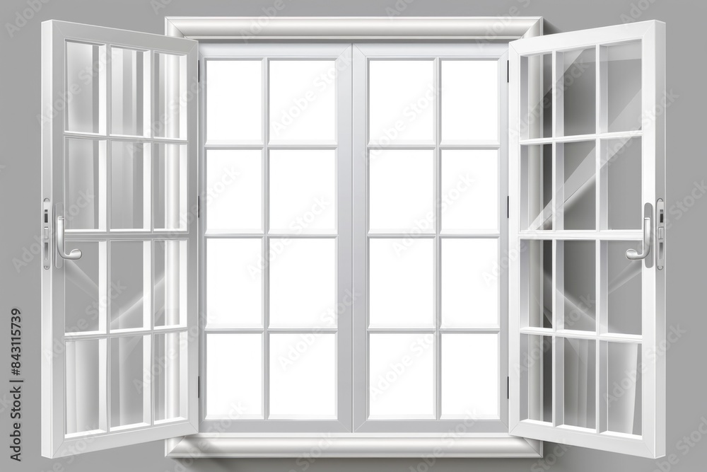 Open window with white shutters on a gray wall, perfect for interior design or architectural images Open window with white shutters on a gray wall, perfect for interior design or architectural images