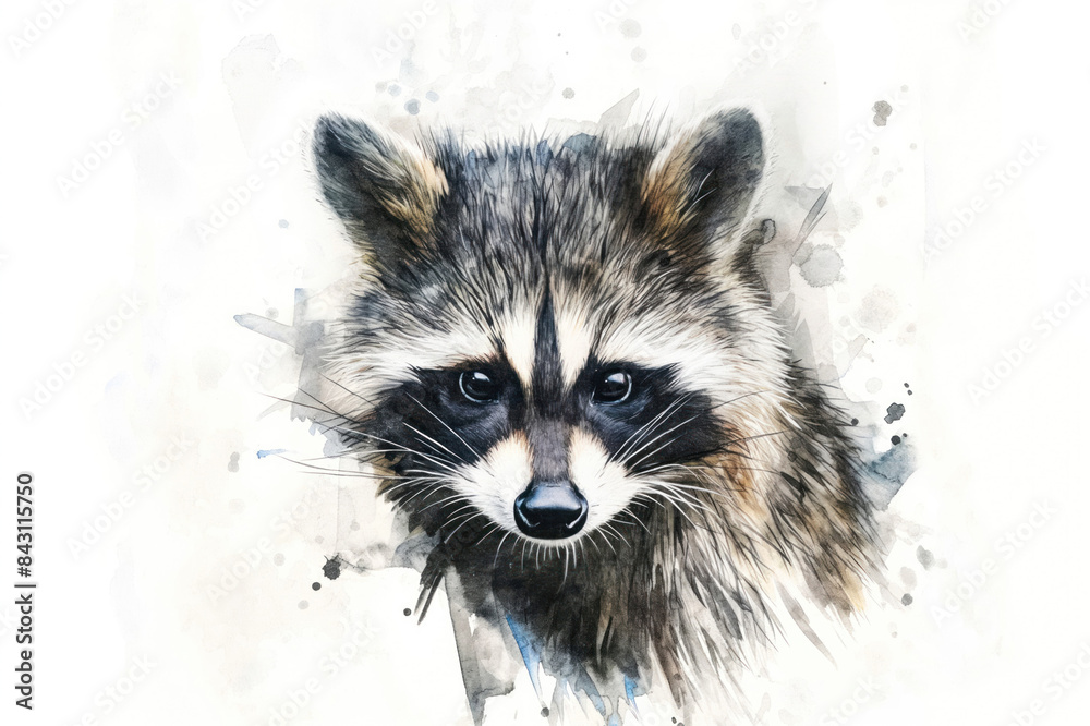 Illustrated raccoon in watercolor style, set against a white background. A creative wildlife animal artwork that combines abstract brush strokes with elements of realism, resulting in a unique concept Illustrated raccoon in watercolor style, set against a white background. A creative wildlife animal artwork that combines abstract brush strokes with elements of realism, resulting in a unique concept