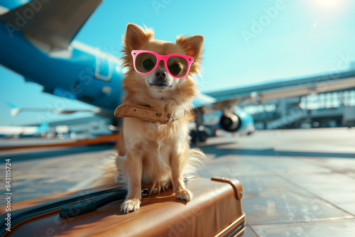 A charming Chihuahua wearing bright pink sunglasses, sitting on a brown suitcase at an airport with airplanes in the background on a sunny day, enjoying travel vibes and ready for an adventure photo