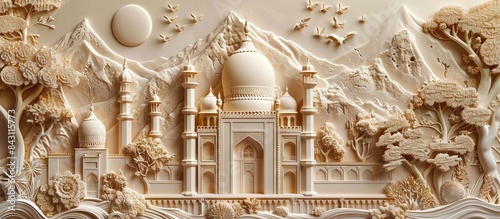 Beautiful mosque 3d relief wallpaper. Mural wallpaper. Wall art. AI generated illustration.