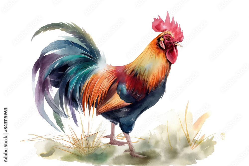 Fototapeta premium Rooster. Watercolor illustration style. Isolated on a pure white background. Creative and conceptual wildlife animal art. Abstract brush strokes with realism. Suitable for various print or digital pro