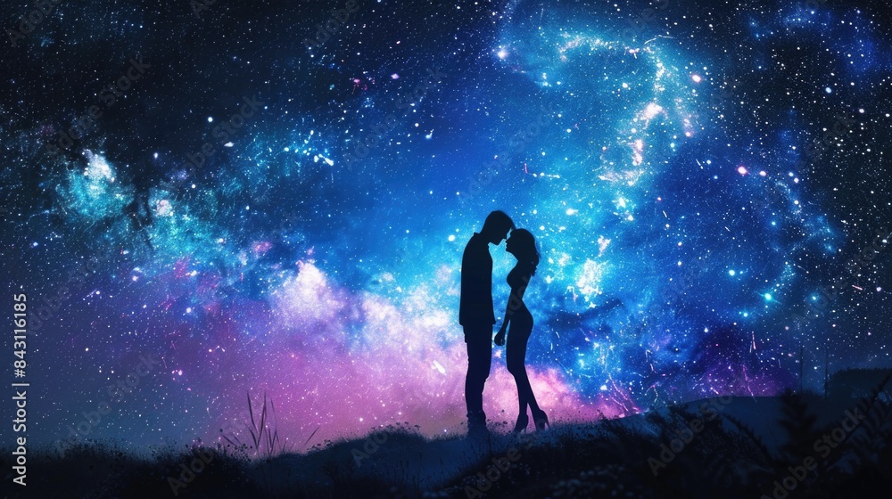 A couple standing together, gazing up at the stars in the galaxy A couple standing together, gazing up at the stars in the galaxy