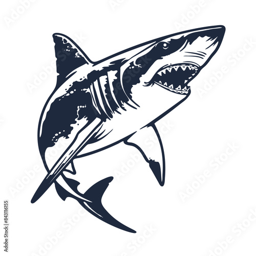 Shark fish. Ocean shark dangerous sea predator in monochrome vintage style in dynamic attack pose for emblem and label. Vector isolated marine hunter logo