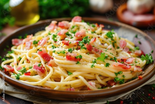 A plate of spaghetti topped with crispy bacon and fresh parsley  ready for a satisfying meal