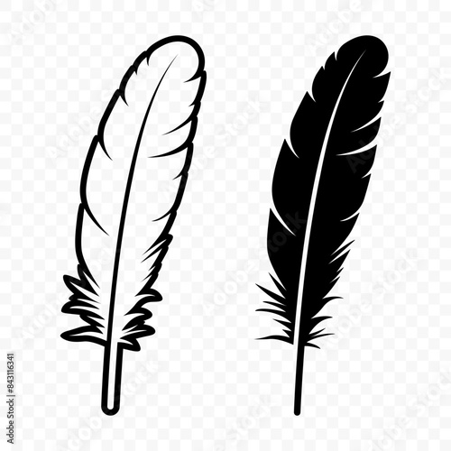 Vector Black and White Fluffy Feather Logo Icons. Silhouette Feather Set Closeup Isolated. Design Template of Flamingo, Angel, Bird Feather. Lightness and Freedom Concept