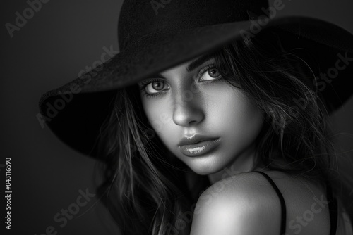 A black and white photo of a woman in a hat, suitable for use in vintage or retro-themed designs