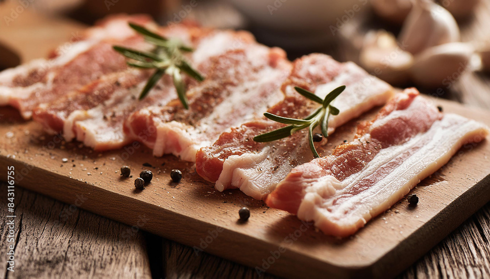 Gourmet raw bacon slices with seasonings on wooden board. Natural and tasty product. Fresh meat. Gourmet raw bacon slices with seasonings on wooden board. Natural and tasty product. Fresh meat.