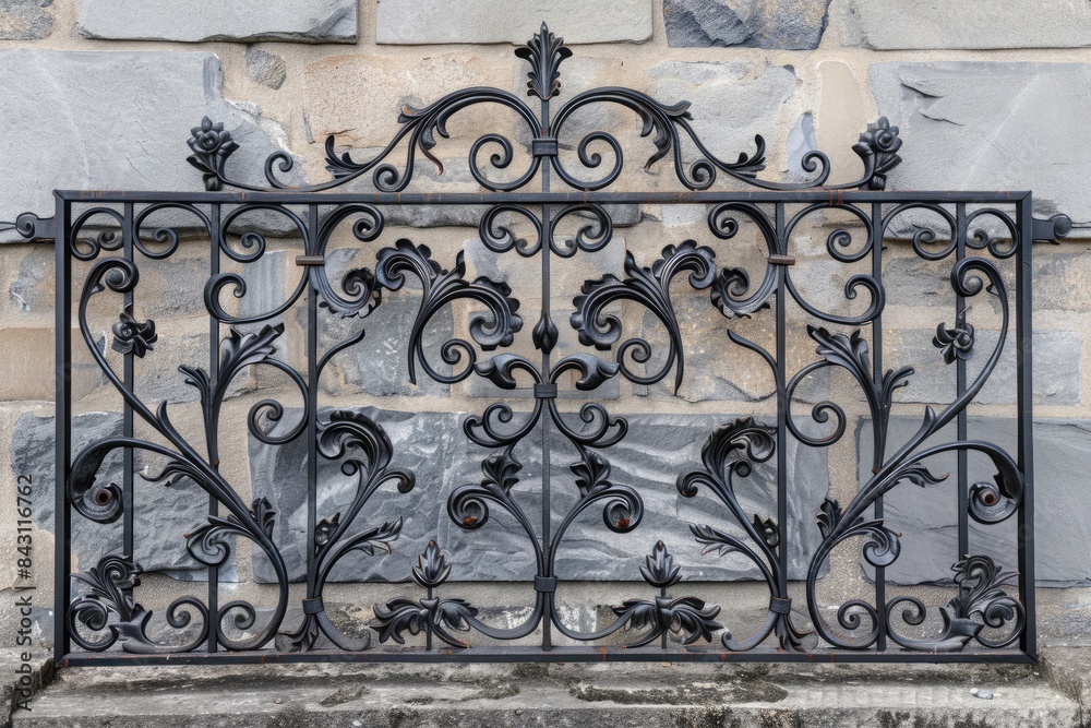 Ornate Black Wrought Iron Fence Detail on Stone Wall Ornate Black Wrought Iron Fence Detail on Stone Wall