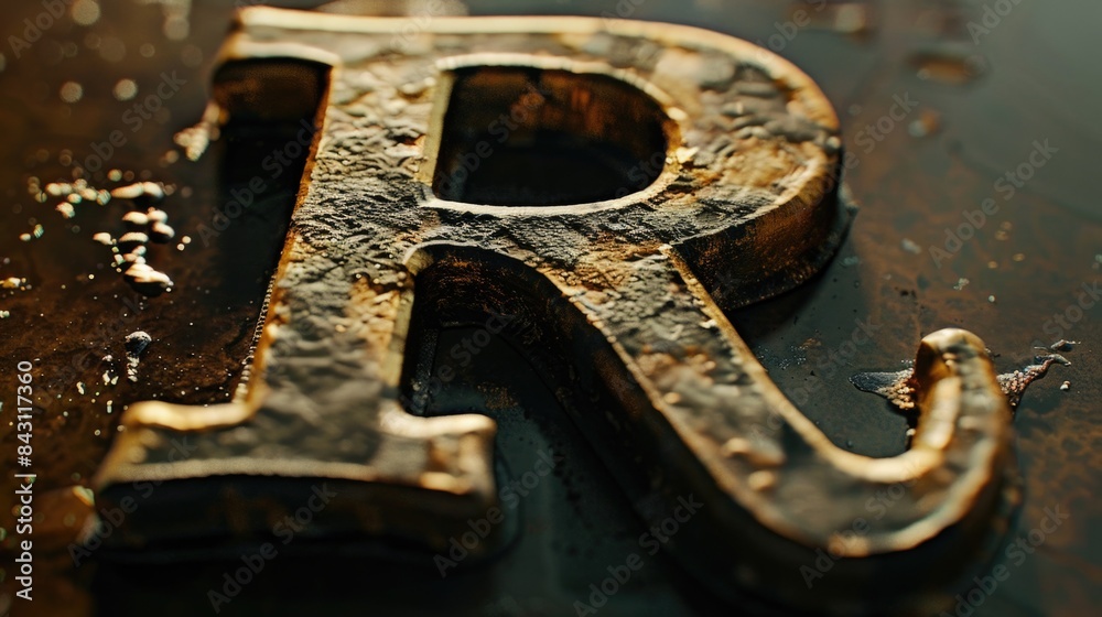 Old and worn out metal letter 'R' placed on a wooden or stone table, with possible cracks and scratches Old and worn out metal letter 'R' placed on a wooden or stone table, with possible cracks and scratches