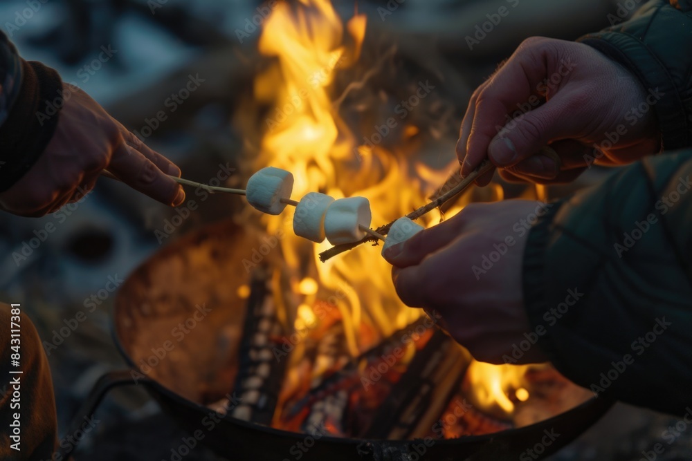 Two friends roasting marshmallows over a campfire, enjoying outdoor evening