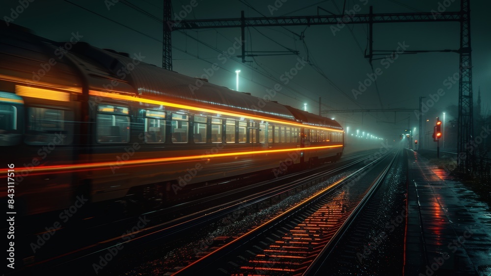 Blurry image of a moving train on tracks at night with illuminated windows, under a dark, foggy sky with bright overhead lights.