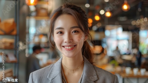 Portrait of a beautiful smiling Asian business woman in a grey suit looking at the camera with a blurred group of people in the background, with cinematic lighting and bokeh effects Free Download Portrait of a beautiful smiling Asian business woman in a grey suit looking at the camera with a blurred group of people in the background, with cinematic lighting and bokeh effects - GFXLoad