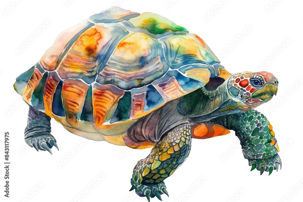 Fototapeta premium Watercolor tortoise illustration in a unique style, standing out against a white background. This wildlife animal art piece combines abstract brush strokes with touches of realism, making it perfect f