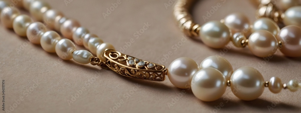 Chic Pearl Necklace presented on a calming beige backdrop, capturing an aura of timeless elegance and sophistication for brand identity. Chic Pearl Necklace presented on a calming beige backdrop, capturing an aura of timeless elegance and sophistication for brand identity.