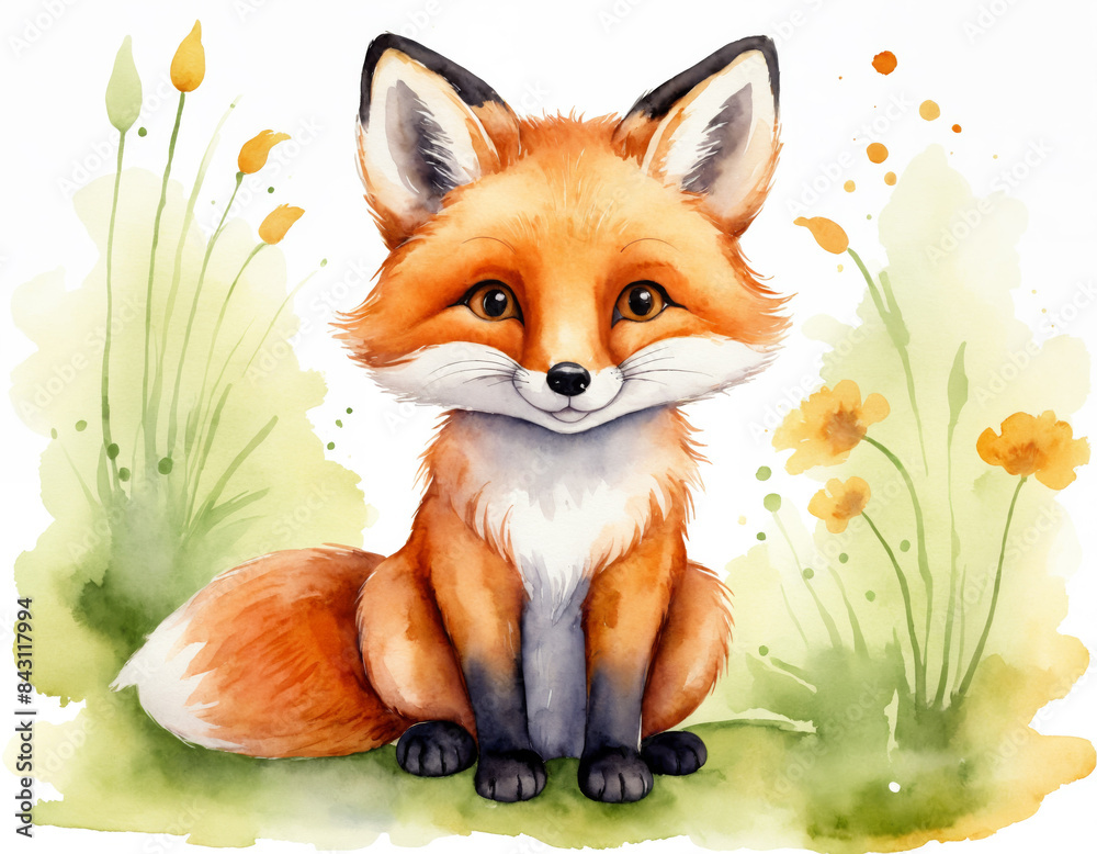 Obraz premium Cute Fox Sitting in a Watercolor Meadow