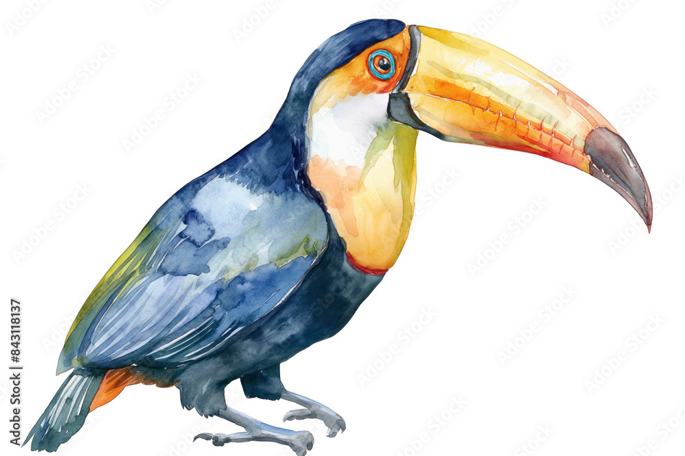 Obraz premium Watercolor toucan illustration in a unique style, standing out against a white background. This wildlife animal art piece combines abstract brush strokes with touches of realism, making it perfect for