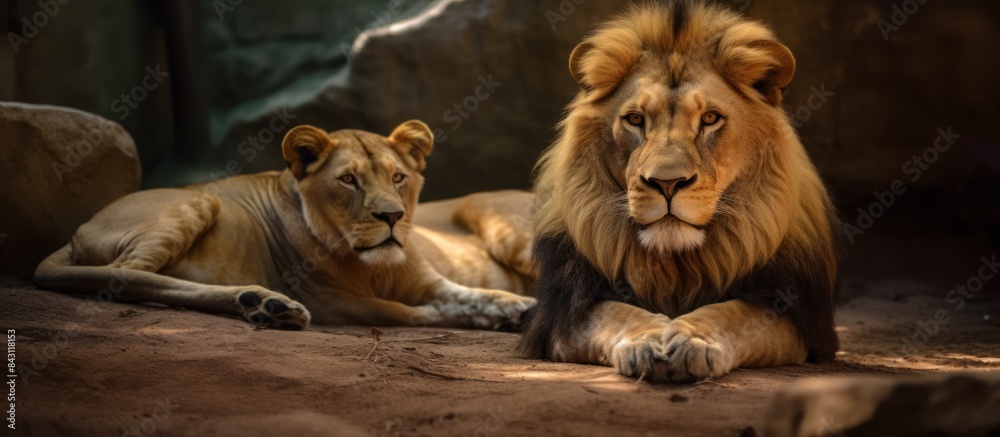 two lions relaxing on a large rock inside the national park two lions relaxing on a large rock inside the national park